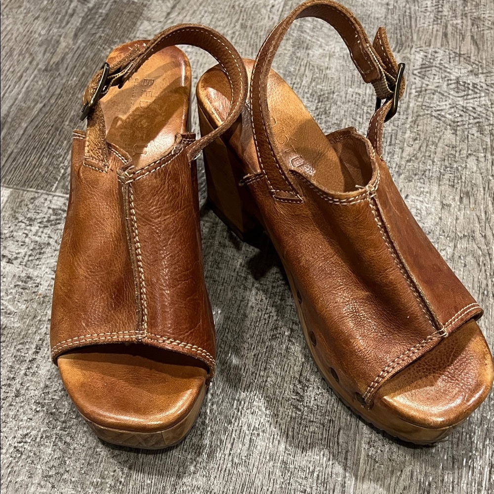 Bed Stu Tan Brown Leather Open-Toe Slingback Clogs